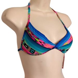XHILARATION Tribal Print Colorful Blue Pink Halter Neck Bikini Top Small NWT
